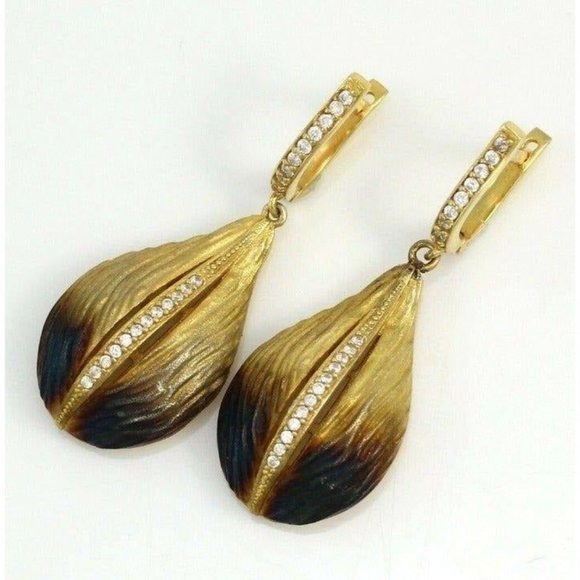 New Sterling Silver Yellow Gold Vermeil Art Nouveau Style Leaf Dangle Earrings - Picture 1 of 3